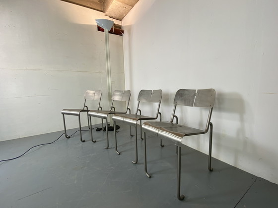 Image 1 of  Sillas de comedor arquitectónicas postmodernas de acero inoxidable, años 80, juego de 4