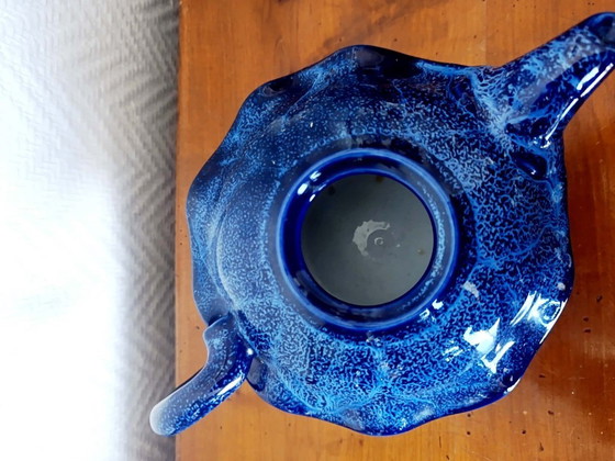 Image 1 of Art Deco blue ceramic teapot with frog