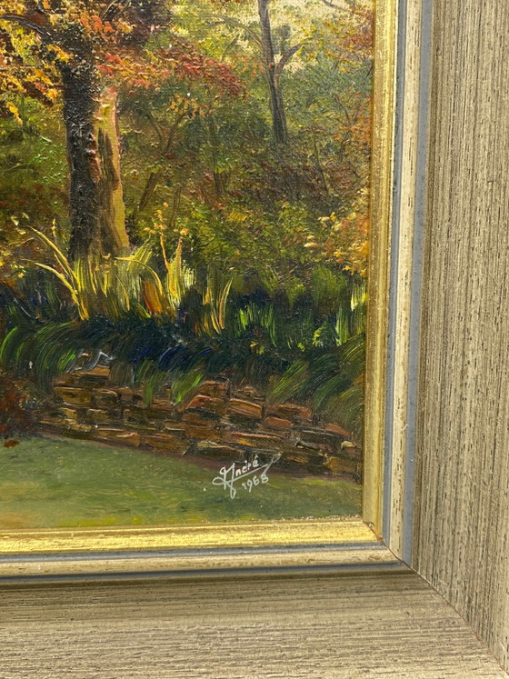 Oil on canvas signed J. André 1968, autumnal landscape with medieval tower – Decorative Objects, Wood, Gold (photo 3 of 8)