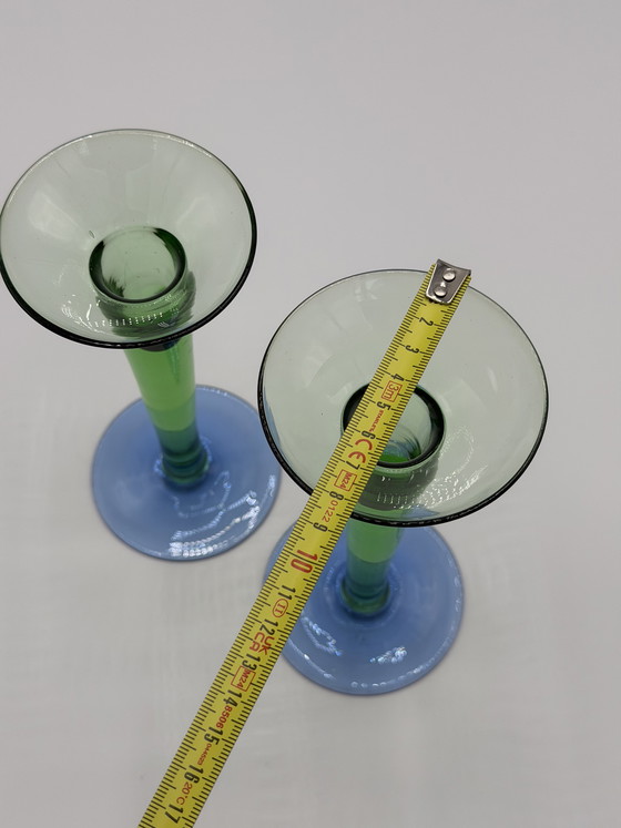 Image 1 of Holmegaard vintage set of designer glass candlesticks – green/blue