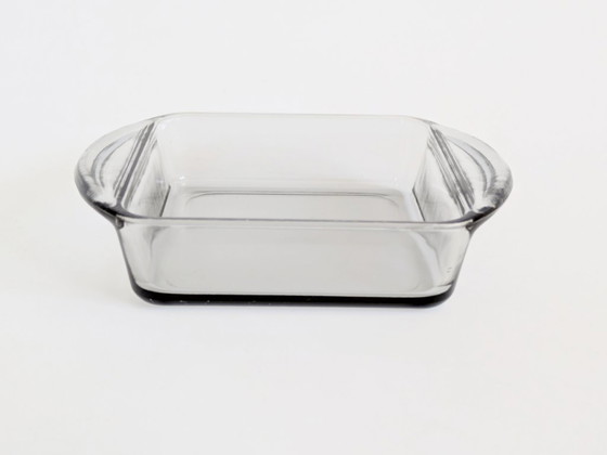 Image 1 of Danish Teak Serving Set, 3 Smoked Glass Bowls Original Spoon and Fork, Midcentury Kabaret Tray