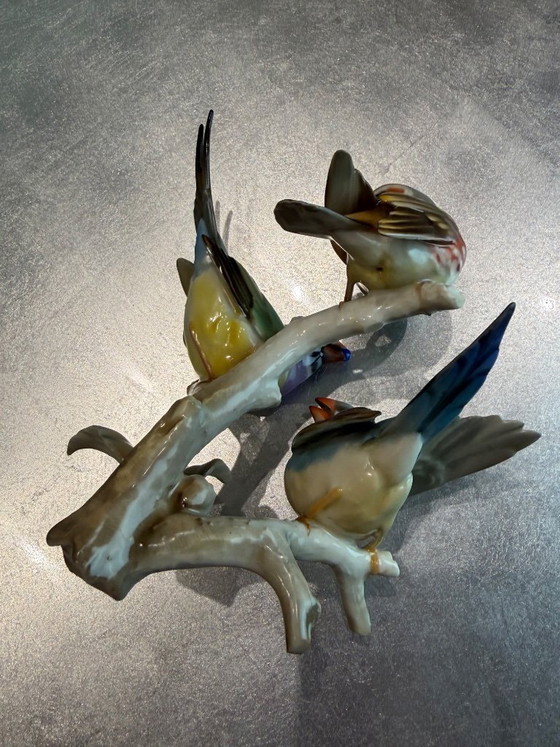 Image 1 of Josef Rieber (JR Duitsland) – Grote handbeschilderde porseleinen vogelgroep – 3 exotische vinken