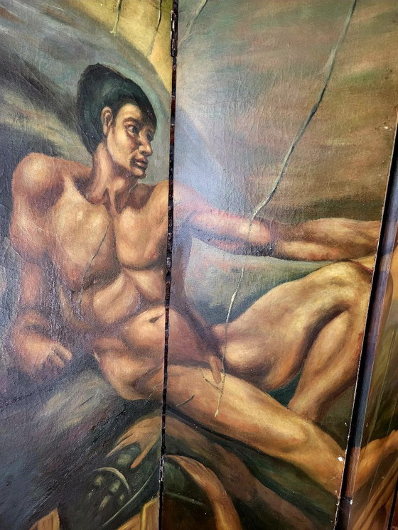 Image 1 of Zeldzaam handgeschilderd Art Deco kamerscherm – in de stijl van Michelangelo’s “Schepping van Adam” (ca. 1920–1935)