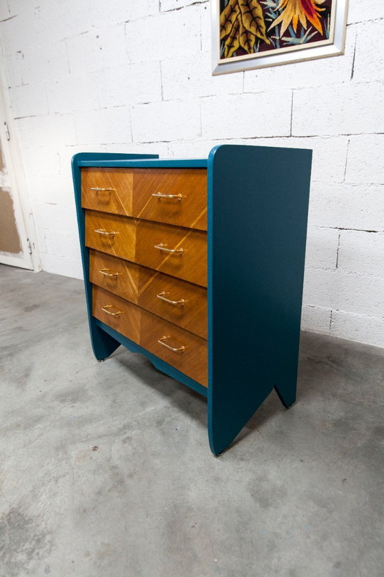 Image 1 of Commode scandinave 1960 atypique bleu Ainhoa Satiné 4 tiroirs