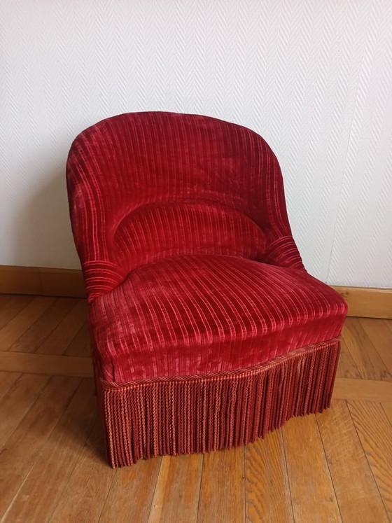 Image 1 of Rode fluwelen paddenstoelfauteuil met franjes