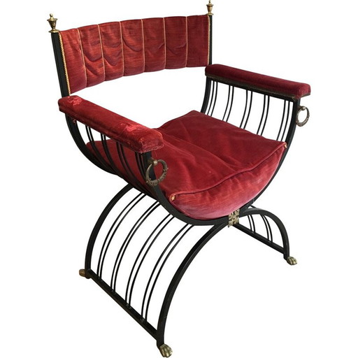 Sillón curul rojo de hierro negro y latón - años 70