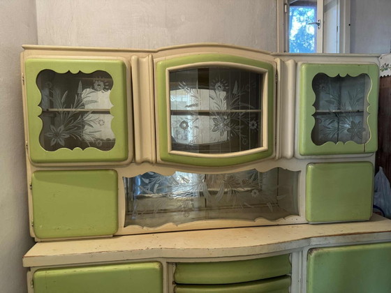 Hungarian Art Deco Green and Cream Kitchen Cabinet with Glass Doors, 1940s, Storage cabinet (photo 3 of 5)