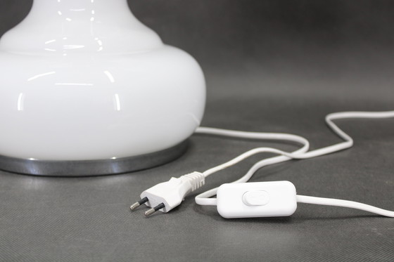 Image 1 of Italienische Glastischlampe mit Bouclé-Stoffschirm aus den 1970er Jahren