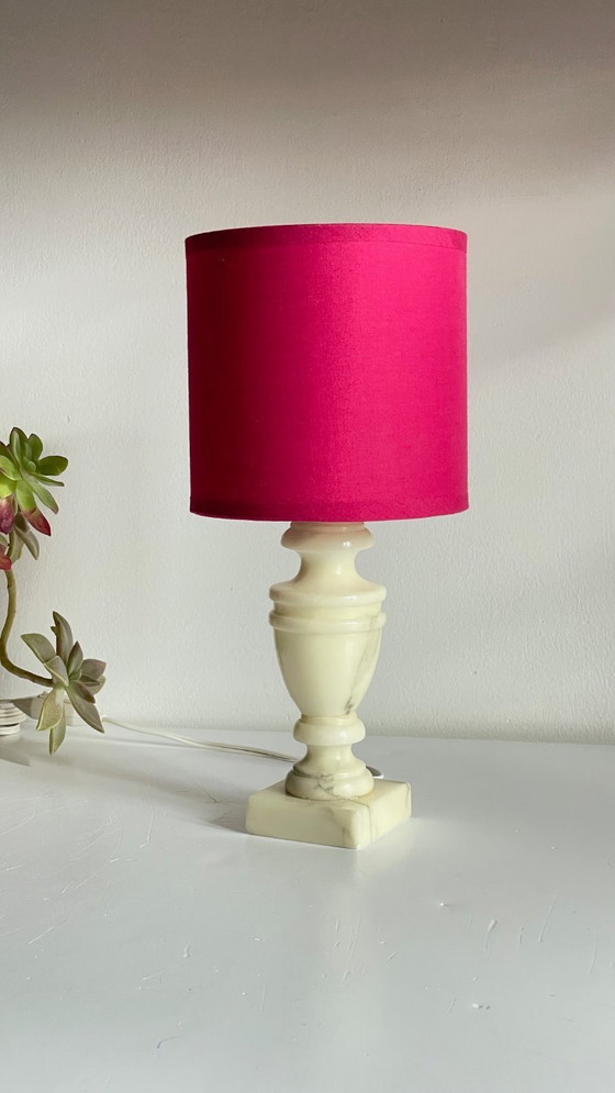 Image 1 of Vintage Marble and Fuchsia Fabric Lamp