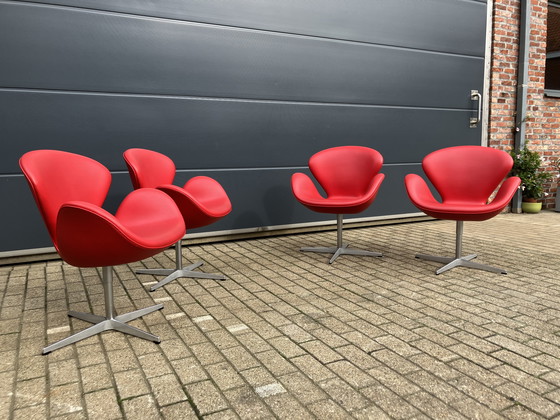 Image 1 of 4X Original Red Leather Fritz Hansen Swan Chairs Top condition!