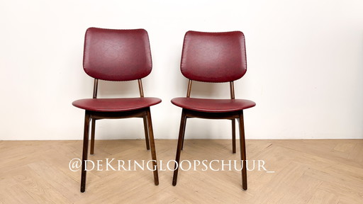 2x Vintage Rood Leren Eetkamerstoelen – Wood, Leather (photo 2 of 5)