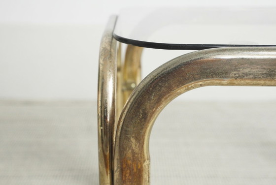 Image 1 of Messing-goudkleurige chromen glazen bijzettafel, vintage mid-century modern accenttafel, nachtkastje, jaren 70