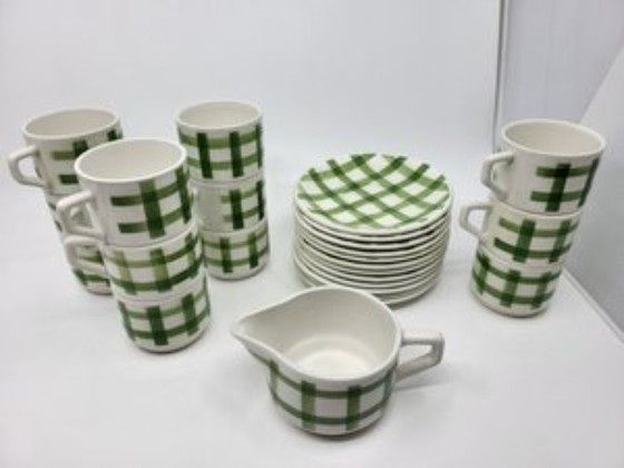 Image 1 of Moulin des Loups Orchies green tablecloth coffee set 1960 Vintage France