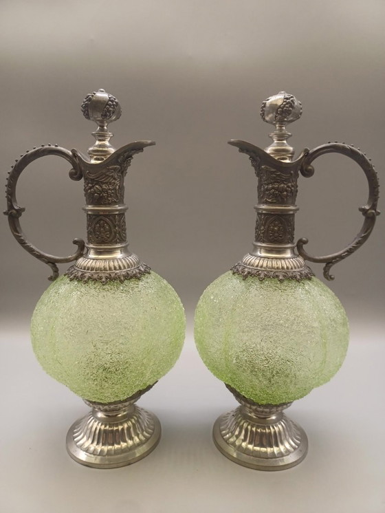 Image 1 of Paire de carafes aiguières étain et verre XIX