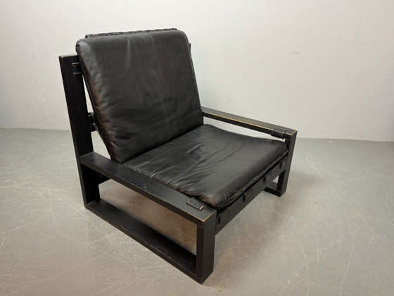 Image 1 of Beautiful Mid-Century Set of 2 Black Leather Brutalist Lounge Chairs, Designed by Sonja Wasseur (Amsterdam). 1970s.