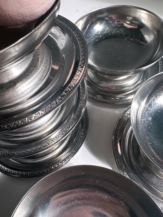 Image 1 of 6x Italiaanse dessertkommen ronde ijsbekers metalen decor schotels bord bokaal glas 80s gelato beker voet kom