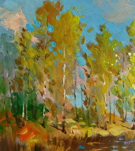 Image 1 of Original Oil Painting Autumn River Landscape Reflection of autumn in the river