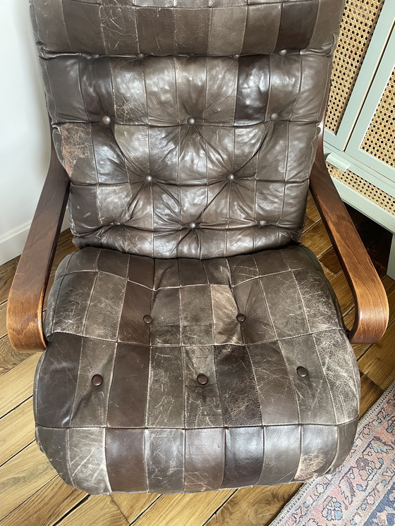 Image 1 of Fauteuil Scandinave 1970 Bois Laminé Courbé Assise en Cuir
