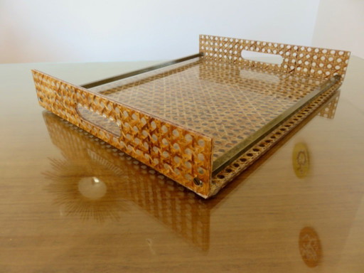 "CHRISTIAN DIOR" tray, France, circa 1970, plexiglass, lucite with caning inclusions