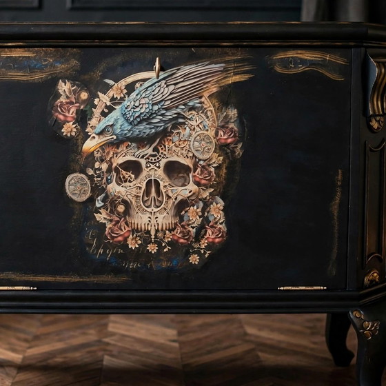 Queen Anne Barkastje / Drankkastje Met Glasplaat En Spiegel - Upcycled Zwart Goud Gothic – Drankenkasten, Wood (photo 6 of 6)