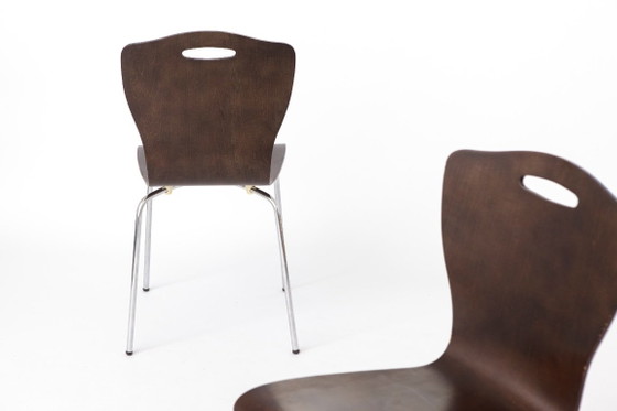 Een paar vintage multiplex eetkamerstoelen, Duits design uit de jaren 80, metalen poten, mid-century modern (photo 5 of 11)