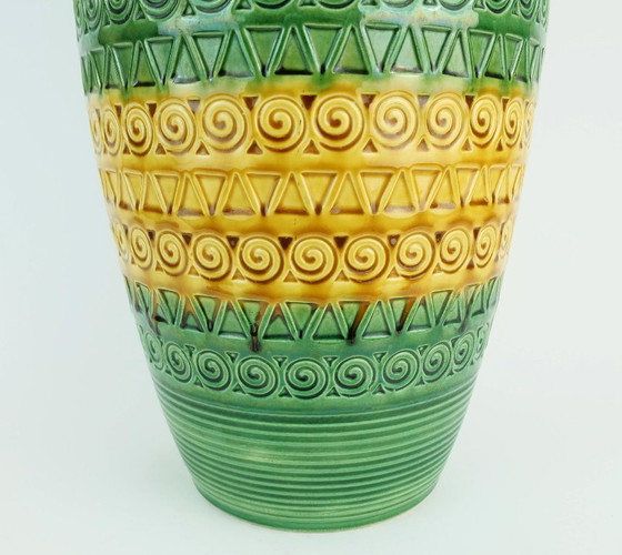 Image 1 of west german 1960s mid century VASE floorvase ü-keramik green ochre relief pattern model 1142-50