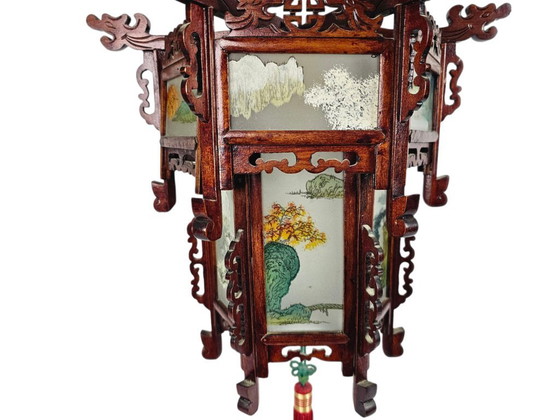 Image 1 of Chinesischer Laternenleuchter – Rosenholz – verziertes Glas – 2. Hälfte des 20. Jahrhunderts