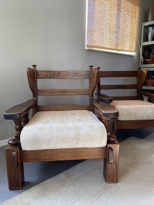 Vintage Set of Oak Brutalist Armchairs