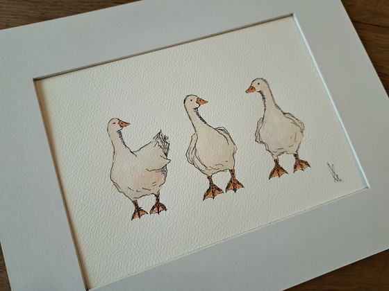 Image 1 of Watercolor three geese original in frame