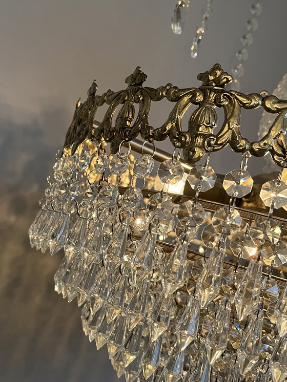 Image 1 of Vintage Crystal Chandelier Pendant Lamp Bronze Gold Frame