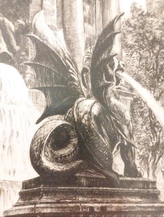 Originele ets van Aimé Edmond Dallemagne, Saint-Michel Fontein in Parijs – Litho's & Zeefdrukken, Paper (photo 4 of 10)