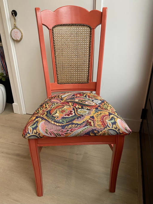 4 Koraal Kleurige Stoelen Met Paisley Print – eetkamerstoelen, Textile, Wood