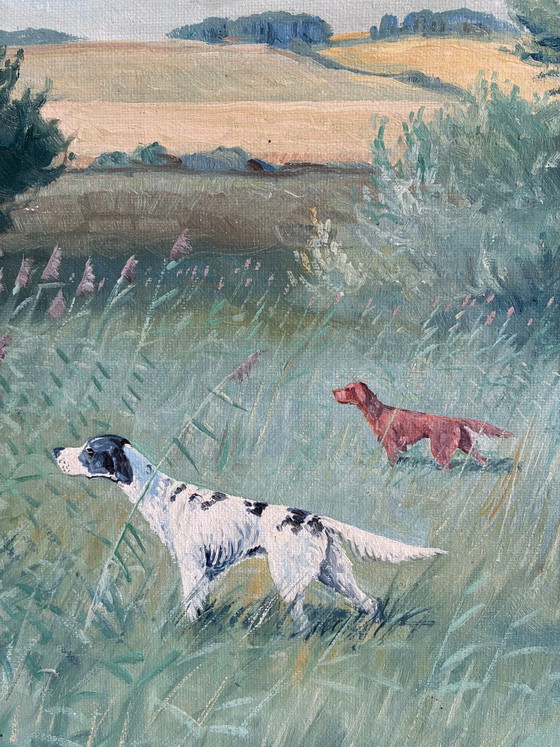 Image 1 of Grande peinture à l'huile originale vintage représentant un paysage avec un chien