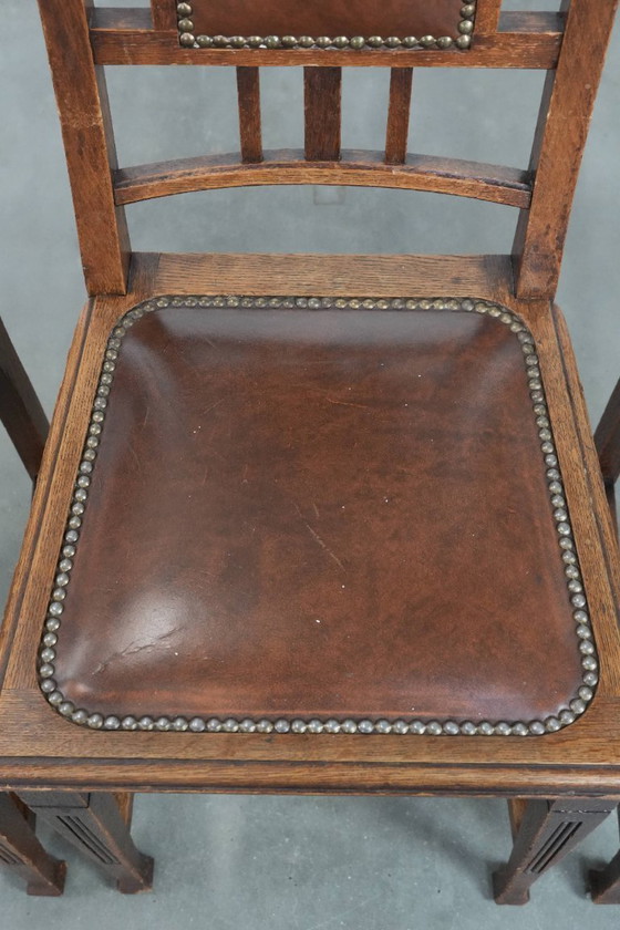Image 1 of 4 x Antique Oak Dining Chairs in Art Nouveau Style with Cognac-Colored Cowhide Leather