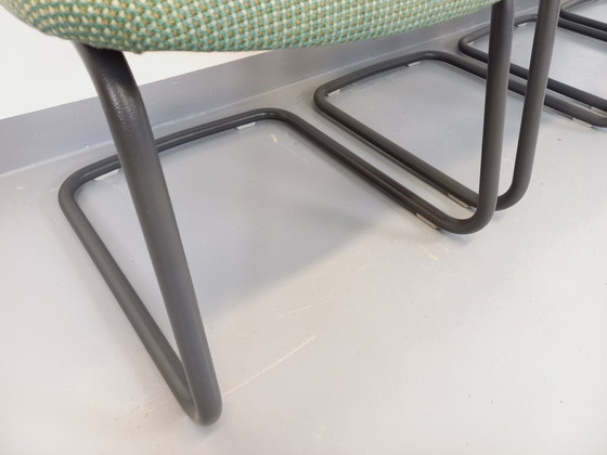 Image 1 of Suite of 4 Vintage Steelcase Style Marcel Breuer Cesca B32 Chairs in Dark Grey Metal and Green Fabric