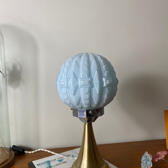 Image 1 of Vintage Art Deco Modernist Lamp in Blue Opaline Glass and Brass