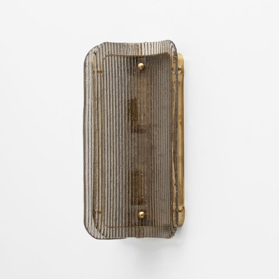 Image 1 of Paar gebogener, gerippter Wandleuchten aus Muranoglas und Messing