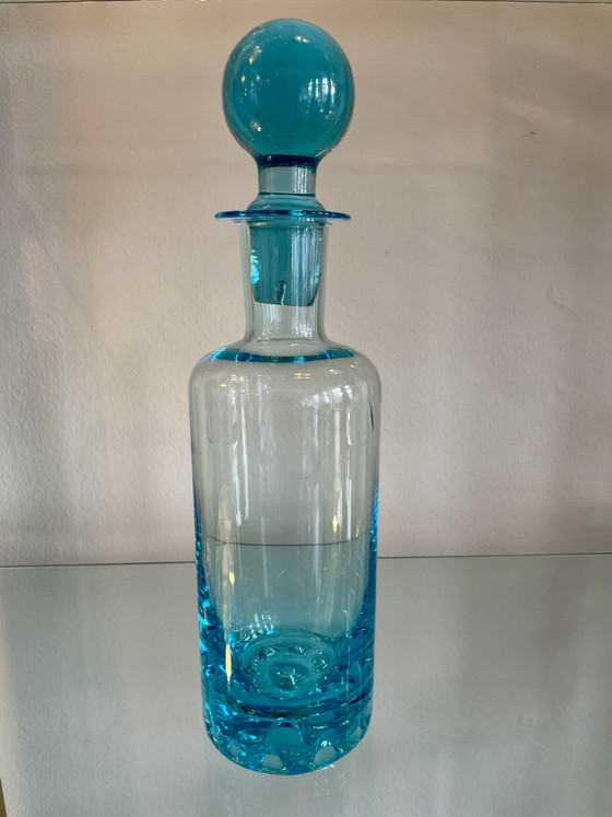 Image 1 of Mondgeblazen karaf/schenkkan/fles van turkooizen kristalglas