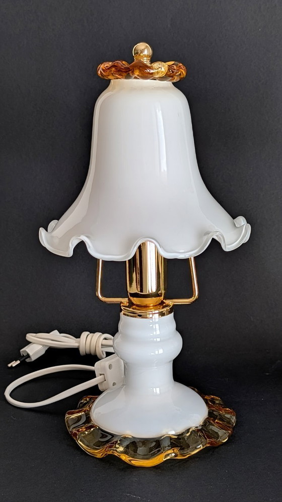 Image 1 of Set van twee tafellampen van Sylcom, gemaakt van Murano-glas – melkwit, amber en goud ✨