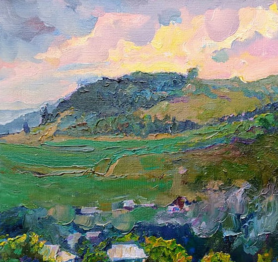 Pintura al óleo original Paisaje Naturaleza Pueblo Atardecer en las montañas – Pinturas y dibujos, Canvas (photo 2 of 5)