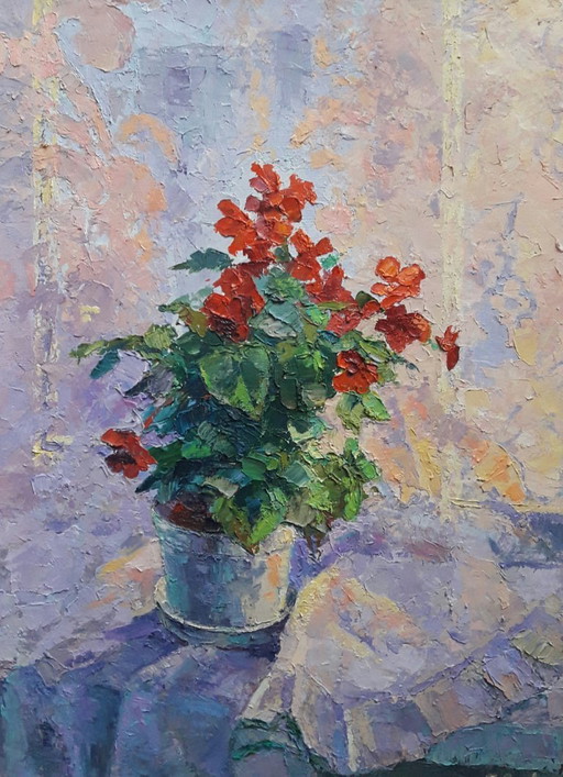 Pittura a olio originale Natura morta Fiore in vaso Begonia