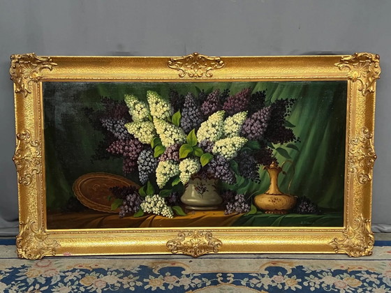 Schilderij gesigneerd "Stilleven met seringen". – Schilderijen & Tekeningen, Canvas (photo 7 of 7)