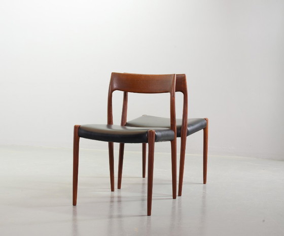 Image 1 of Mid-Century Scandinavian Niels Otto Moller Teak Wooden Dining Chairs with Black Leather Upholstery, Model 77. Set of 4.