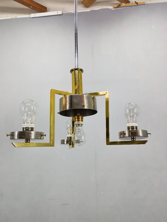 Image 1 of Tschechoslowakischer Art-Deco-Kronleuchter aus Messing und Chrom mit Opalglas, 1930er Jahre