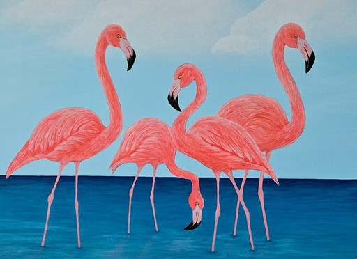 Large flamingo painting handmade with acrylic paint directly from the artist