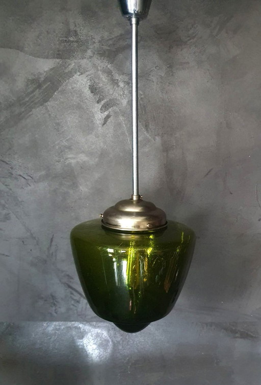 Vintage Green Art Deco Bubble Glass Conical Pendant Lamp