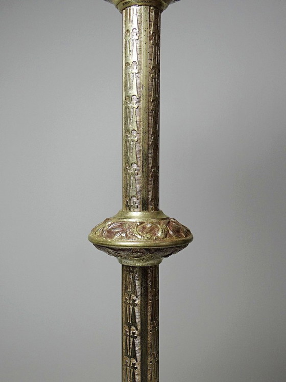Image 1 of Large pair of antique gilt bronze candlesticks, 19th-century Gothic style