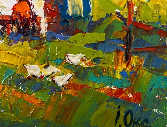 Image 1 of Original Oil Painting Village Day Landscape Light dances on every blade of grass