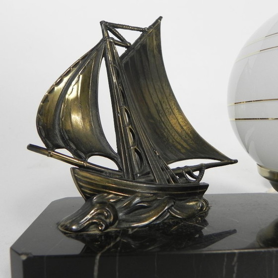 Art Deco desk lamp with sailboat and globe on marble base, 1930s – Table lamps, Metal, Vintage (photo 9 of 15)