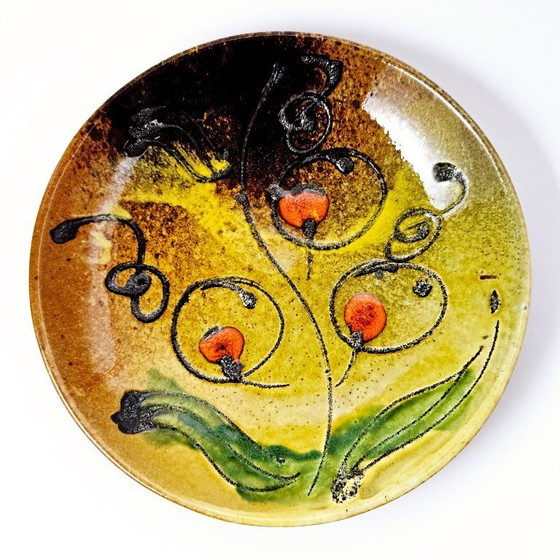 Image 1 of Unique Vintage SARKADI Art Pottery Wall Decor Plate From 1970s |  Hand-painted Stylized Flowers Ceramic Hanging Plate 